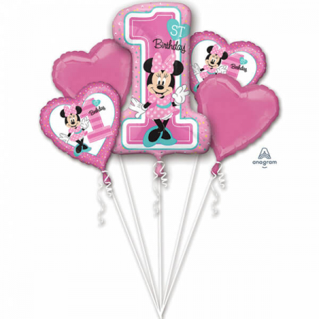 Minnie Mouse - Prima aniversare cu baloane & decoratiuni - Buchet 5 baloane folie Minnie Mouse prima aniversare 1 an