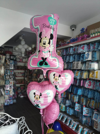 Buchet 5 baloane folie Minnie Mouse prima aniversare 1 an [1]