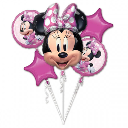 Minnie Mouse - Prima aniversare cu baloane & decoratiuni - Buchet 5 baloane Minnie Mouse Forever