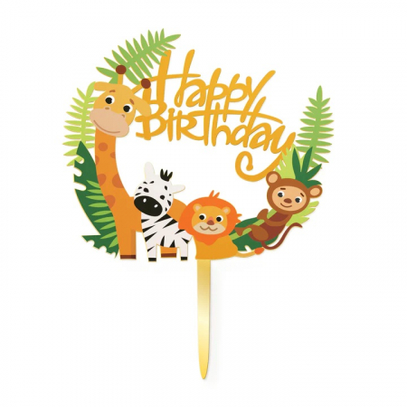 Zoo - Decoratiuni pentru petrecere tematica - Decor tort plastic Happy Birthday zoo 10 cm