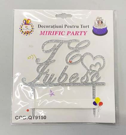 Decor tort Te iubesc argintiu 8.5 * 14 cm [2]