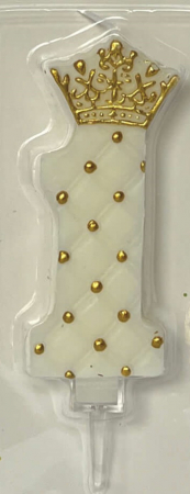 Accesorii pentru petrecere - Lumanare tort cifra 1 alb cu coroana aurie 8 cm