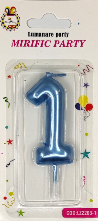 Aniversare - Accesorii - Lumanare tort cifra 1 albastru metalic 6 cm