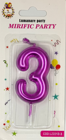 Aniversare - Accesorii - Lumanare tort cifra 3 roz metalic 6 cm