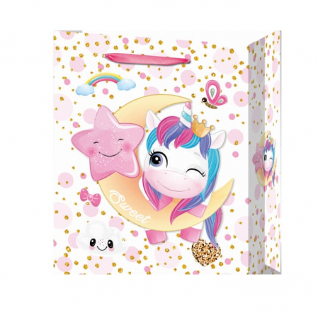 Unicorn - Decoratiuni pentru petrecere tematica - Punga cadou Unicorn alba medie 31 * 26 cm