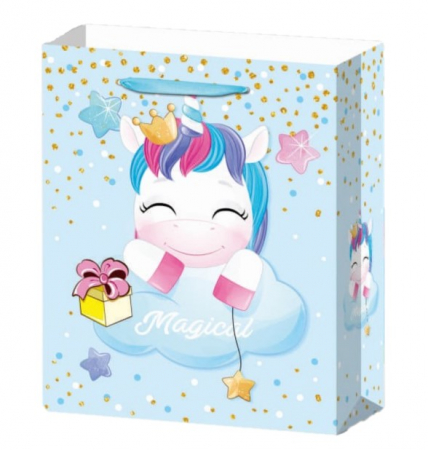 Unicorn - Decoratiuni pentru petrecere tematica - Punga cadou Unicorn albastra medie 31 * 26 cm