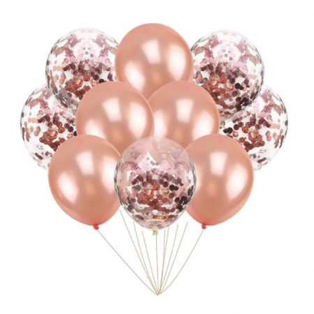 Baloane din latex 30 cm - Set 10 baloane cu confetti roz, rose gold 30cm