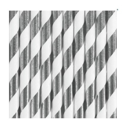 Majorat - Accesorii - Set 10 paie carton dungi argintiu cu alb 19.5 cm