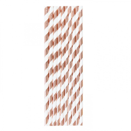 Majorat - Accesorii - Set 10 paie carton dungi rose gold cu alb 19.5 cm