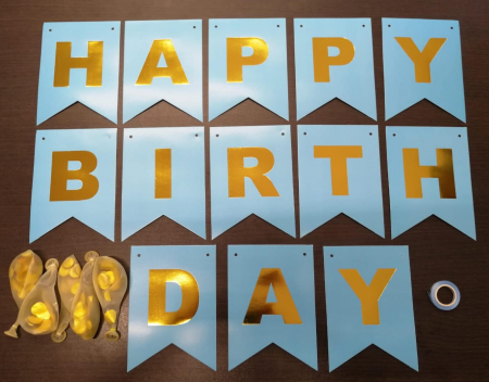 Set 5 baloane confetti auriu + banner Happy Birthday albastru [2]