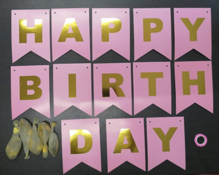 Set 5 baloane confetti auriu + banner Happy Birthday roz [1]