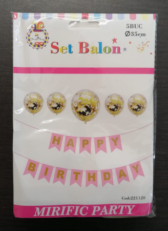 Set 5 baloane confetti auriu + banner Happy Birthday roz [4]