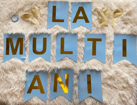 Set 5 baloane confetti auriu x banner LA MULTI ANI albastru [1]
