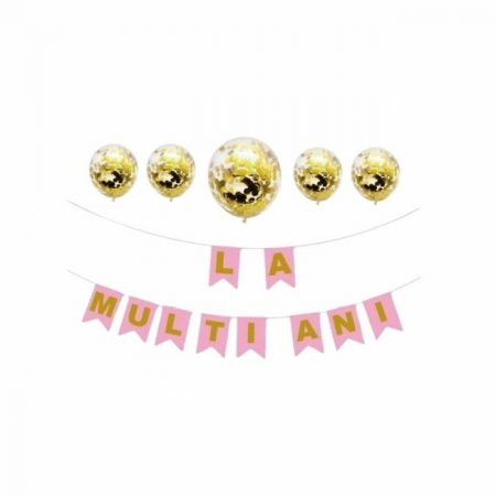 Majorat - Accesorii - Set 5 baloane confetti auriu, banner LA MULTI ANI roz