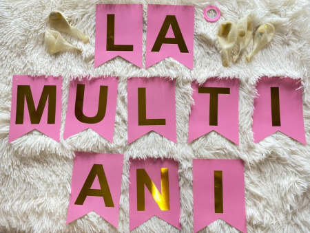 Set 5 baloane confetti auriu, banner LA MULTI ANI roz [1]