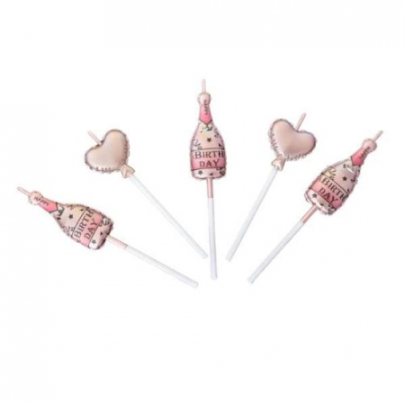 Articole pentru petrecere - Set 5 lumanari tort sampanie si inimi roz