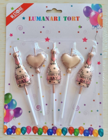 Set 5 lumanari tort sampanie si inimi roz [3]
