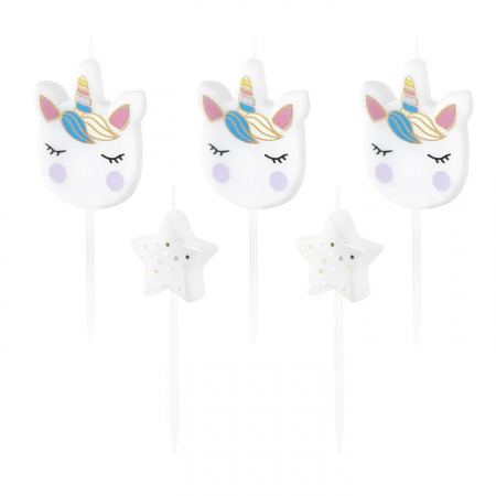 Unicorn - Decoratiuni pentru petrecere tematica - Set 5 lumanari Unicorn si stele 4 cm