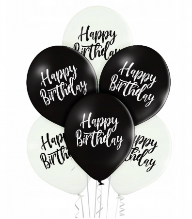 Baloane din latex 30 cm - Set 6 baloane latex Happy Birthday alb si negru 30 cm