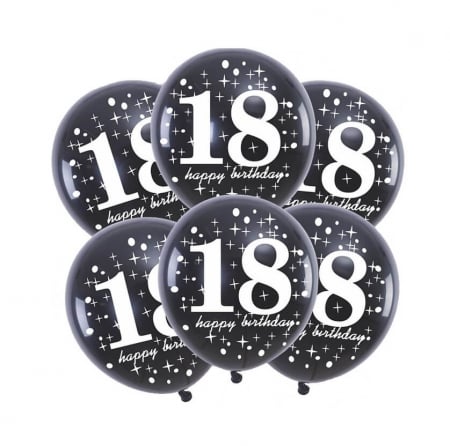 Baloane din latex 30 cm - Set 6 baloane negre 18 ani Happy Birthday 30 cm