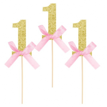 Toppere & Decoratiuni Tort - Set 6 decoratiuni tort / briosa 1 an roz si auriu 6 cm