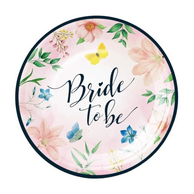 Farfurii unica folosinta - Set 6 farfurii „Bride to be” petrecerea burlacitelor roz cu flori si fluturasi, 18 cm