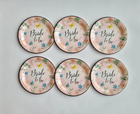 Set 6 farfurii „Bride to be” petrecerea burlacitelor roz cu flori si fluturasi, 18 cm [2]