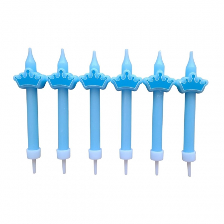 Aniversarea de 1 an - Baloane - Set 6 lumanari albastre cu coroana 8 cm