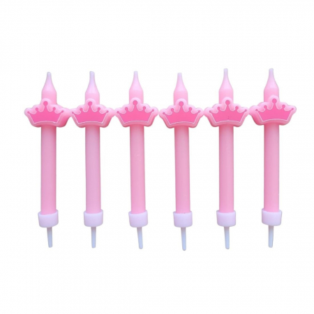 Fata - Baloane & decoratiuni - Set 6 lumanari roz cu coroana 8 cm