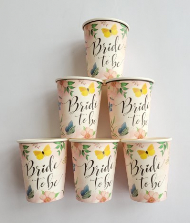 Set 6 pahare carton „Bride to be” petrecerea burlacitelor, roz cu flori si fluturasi, 220ml [2]