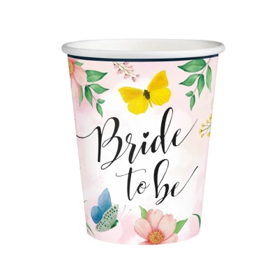 Articole pentru petrecere - Set 6 pahare carton „Bride to be” petrecerea burlacitelor, roz cu flori si fluturasi, 220ml