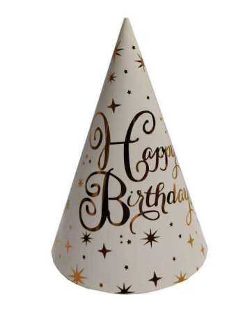 Articole pentru petrecere - Set 8 coifuri albe 16 cm Happy Birthday