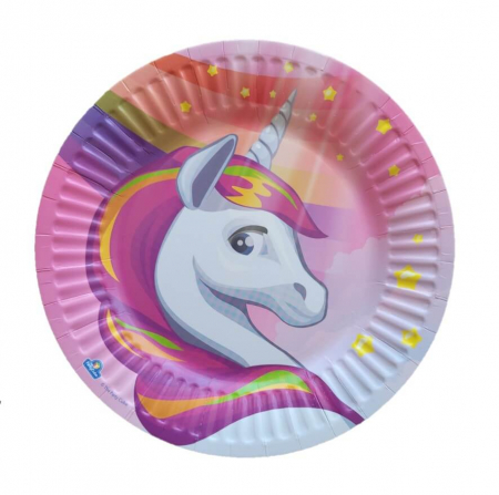 Farfurii unica folosinta - Set 8 farfurii carton Unicorn roz 18 cm