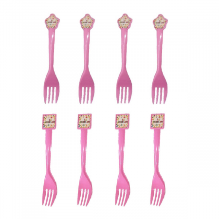 Accesorii pentru decorurile de petrecere - Set 8 furculite La multi ani roz 14,5 cm