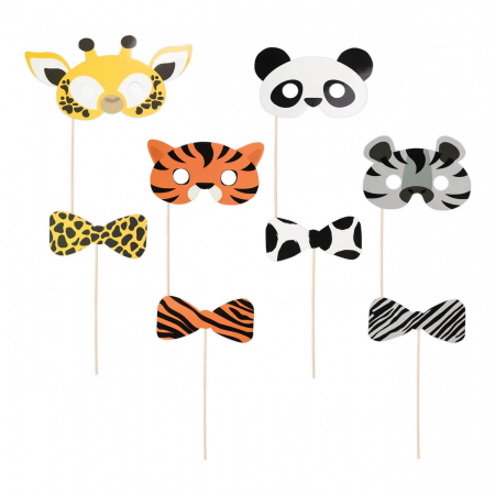 Zoo - Decoratiuni pentru petrecere tematica - Set 8 propsuri masca si papion animalute zoo 17 cm