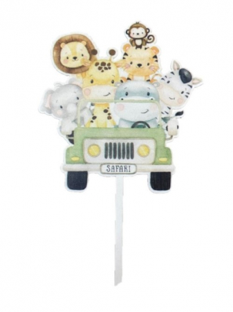 Zoo - Decoratiuni pentru petrecere tematica - Topper / decor tort lemn animalute masina Safari 12 x 12 cm