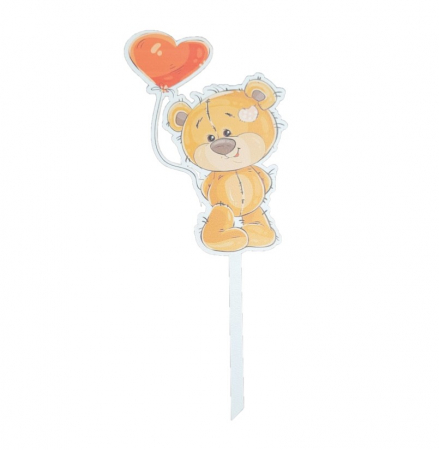 Ursuleti - Topper de tort lemn ursulet cu balon 13 x 9 cm