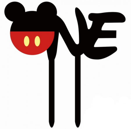 Mickey Mouse - Prima aniversare cu baloane & decoratiuni - Topper, decor tort One, 1 an negru 13 x 13 cm
