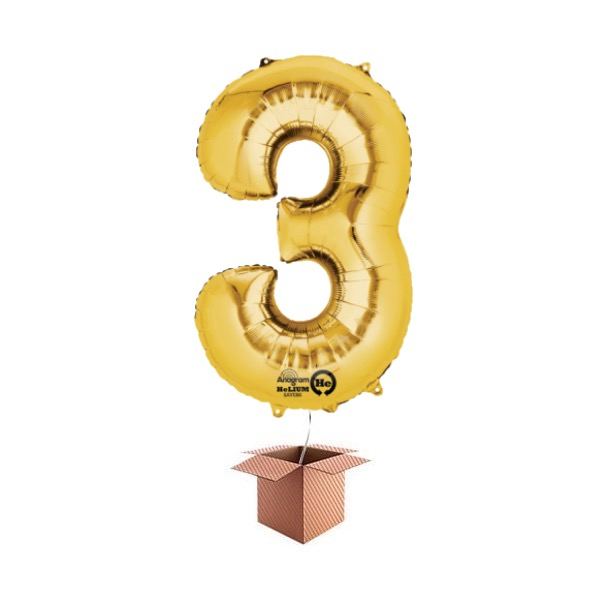 Balon folie cifra auriu umflat cu heliu 87cm Cifra 3