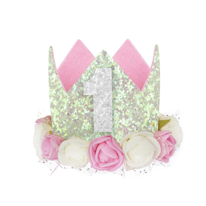 Coif coroana aniversare 1 an 7.5 10,5 cm Alb si roz