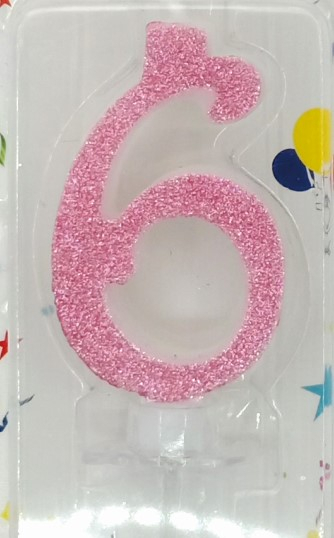 Lumanare tort cifra 6 cu sclipici 7 cm Roz