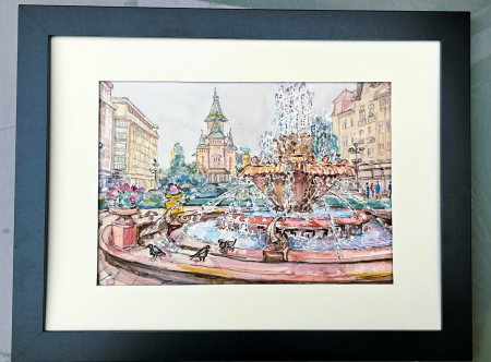 Artă modernă - Fantana cu Pesti Timisoara - aquarela