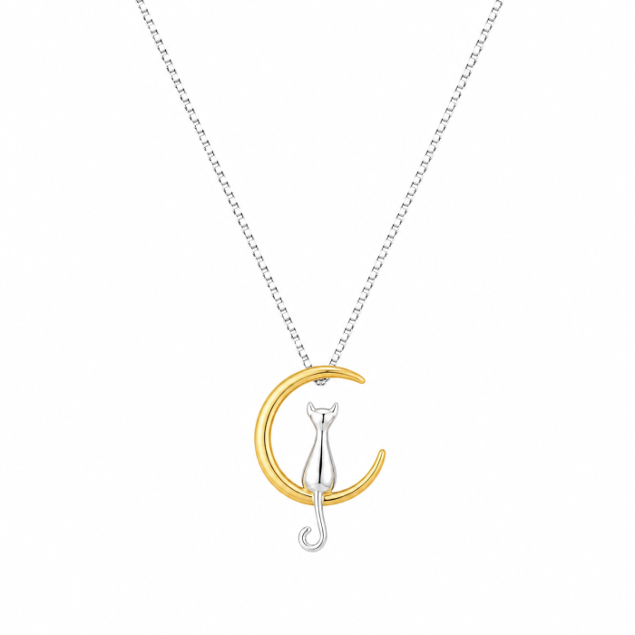 Colier Moon Cat Argint 925 Placat Aur Galben Pisicuta Luna Romantic Bijuterie Femei ArtMyWay [5]