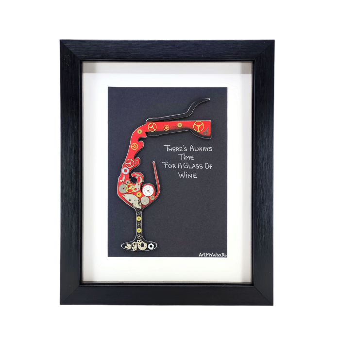 Tablou There Always Time Glass Wine vin mecanisme ceas SteamWall handmade ArtMyWay [4]