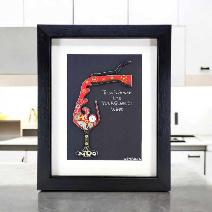 Tablou There Always Time Glass Wine vin mecanisme ceas SteamWall handmade ArtMyWay [3]