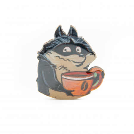 Broșe - Brosa Lemn COFFEE ADDICT - Raccoon