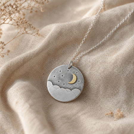 Bijuterii Argint - Colier Cloudy Moon Argint 925 Unicat Luna Alama Patina Nori Bogdan Dragomir Bijuterie ArtMyWay