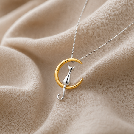 Colier Moon Cat Argint 925 Placat Aur Galben Pisicuta Luna Romantic Bijuterie Femei ArtMyWay [1]