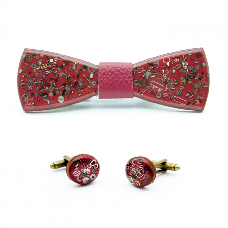 Classy by ART - Set Papion & Butoni Rosu Lemn Statement 