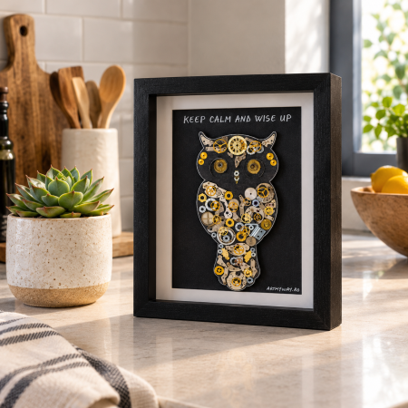 Tablou Bufnita handmade mecanisme ceas SteamWall simbol intelepciune ArtMyWay